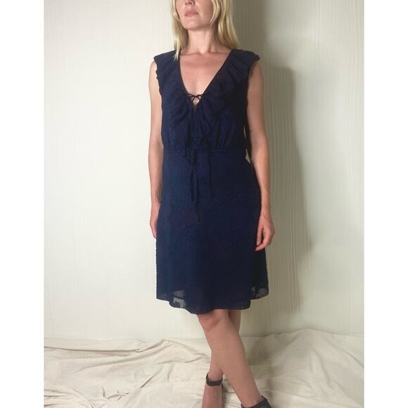 TORY BURCH Navy Sheer Floral Silk Ruffle Sleeveless Dress US 2 - Picture 4 of 14